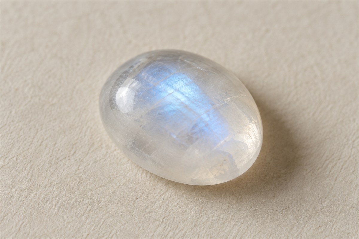 A milky moonstone cabochon showing a soft blue sheen on ivory paper.