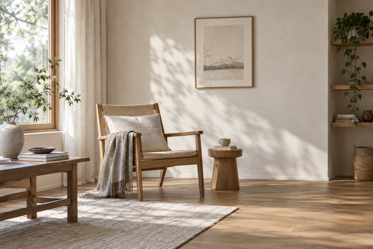 Soft morning light falling across a tidy room with a wooden chair.