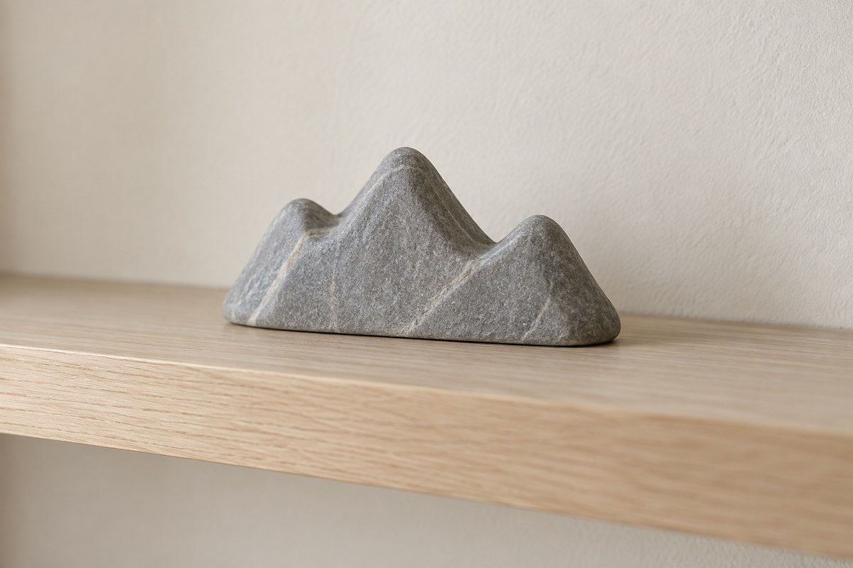 A modest gray mountain-shaped carving on a broad wooden shelf.