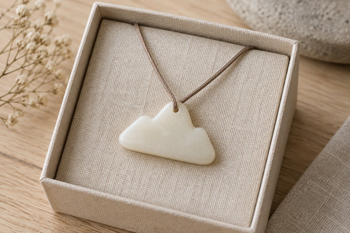 A small mountain-shaped pendant in an open linen-lined gift box.