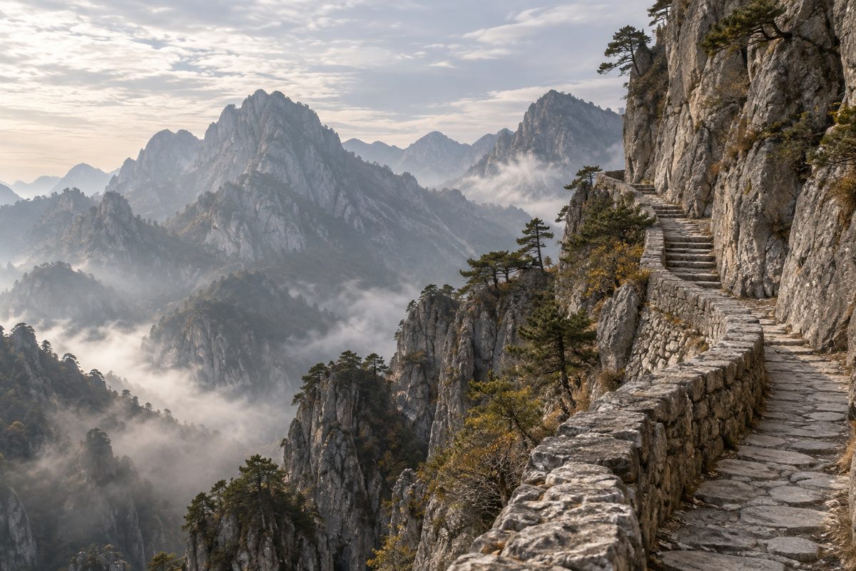 A narrow stone path climbs a steep mountain beneath pale cloud.