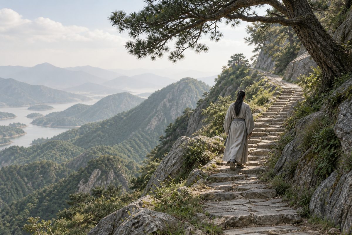 A young robed traveler ascending a quiet stone path through a mountainous landscape.