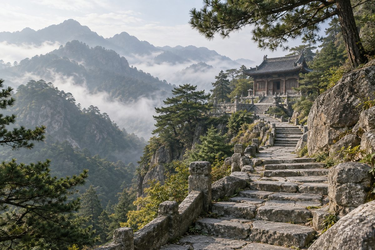 Stone steps rising toward a restrained traditional shrine among misty green mountain slopes.