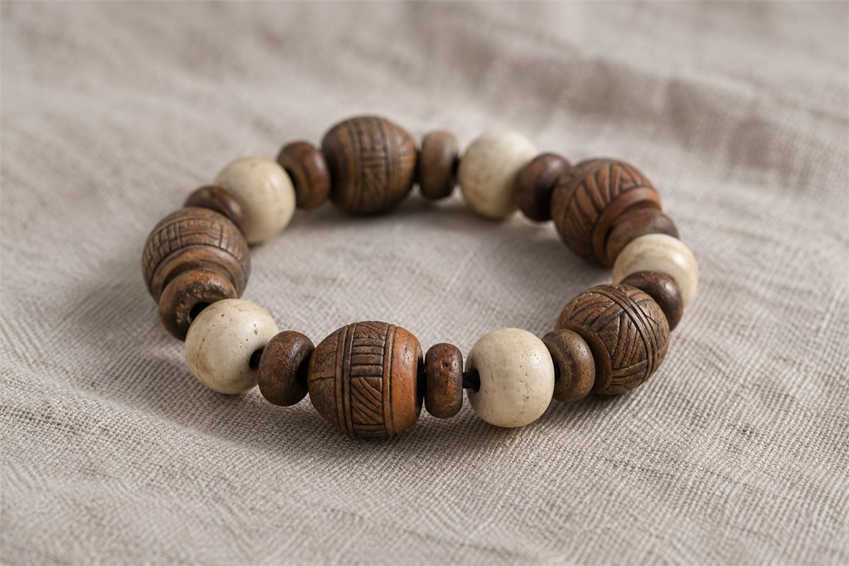 Muted russet and cream beads on an oatmeal linen cloth.