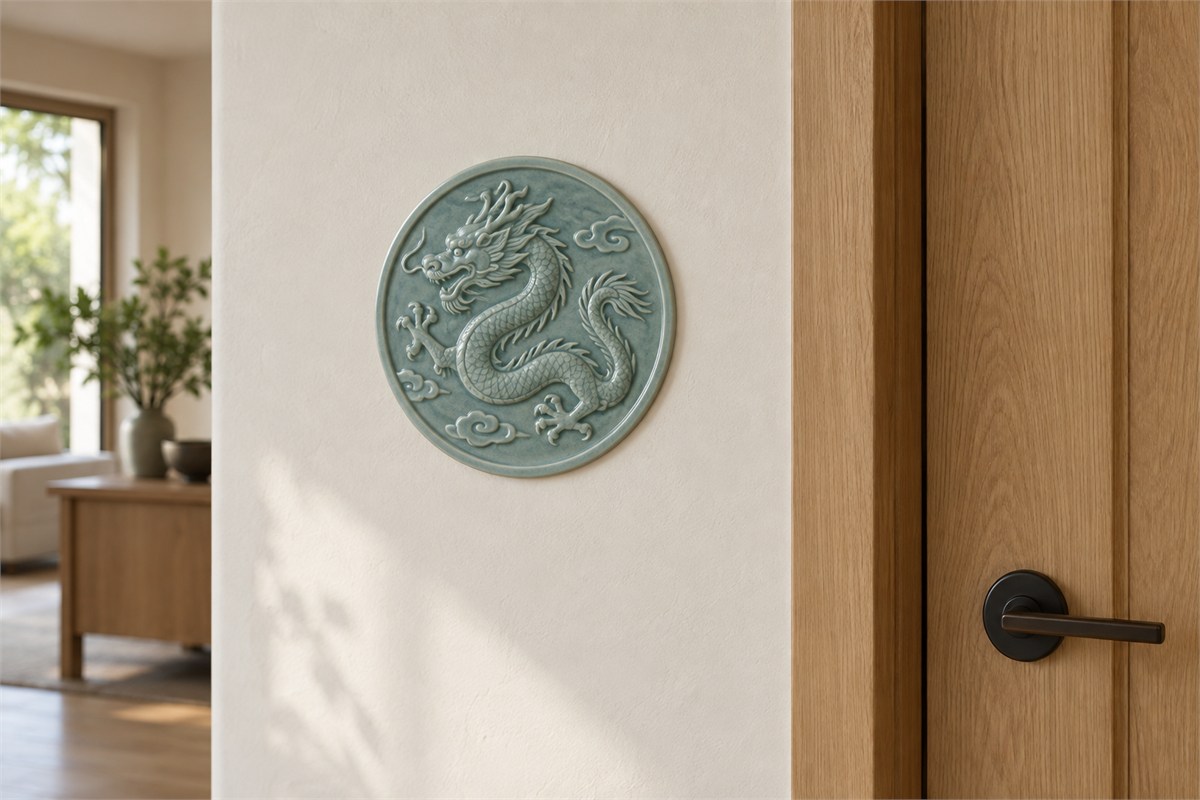 A shallow muted blue-green dragon relief occupies a small wall panel beside natural wood.