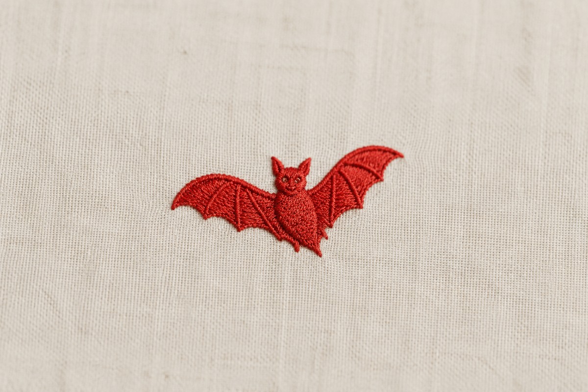 One muted red bat embroidered on cream linen without other symbols.