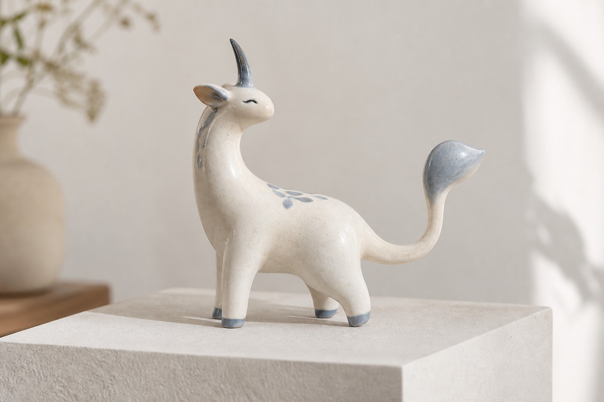 A small stylized ceramic horned creature has rounded forms and muted blue accents.