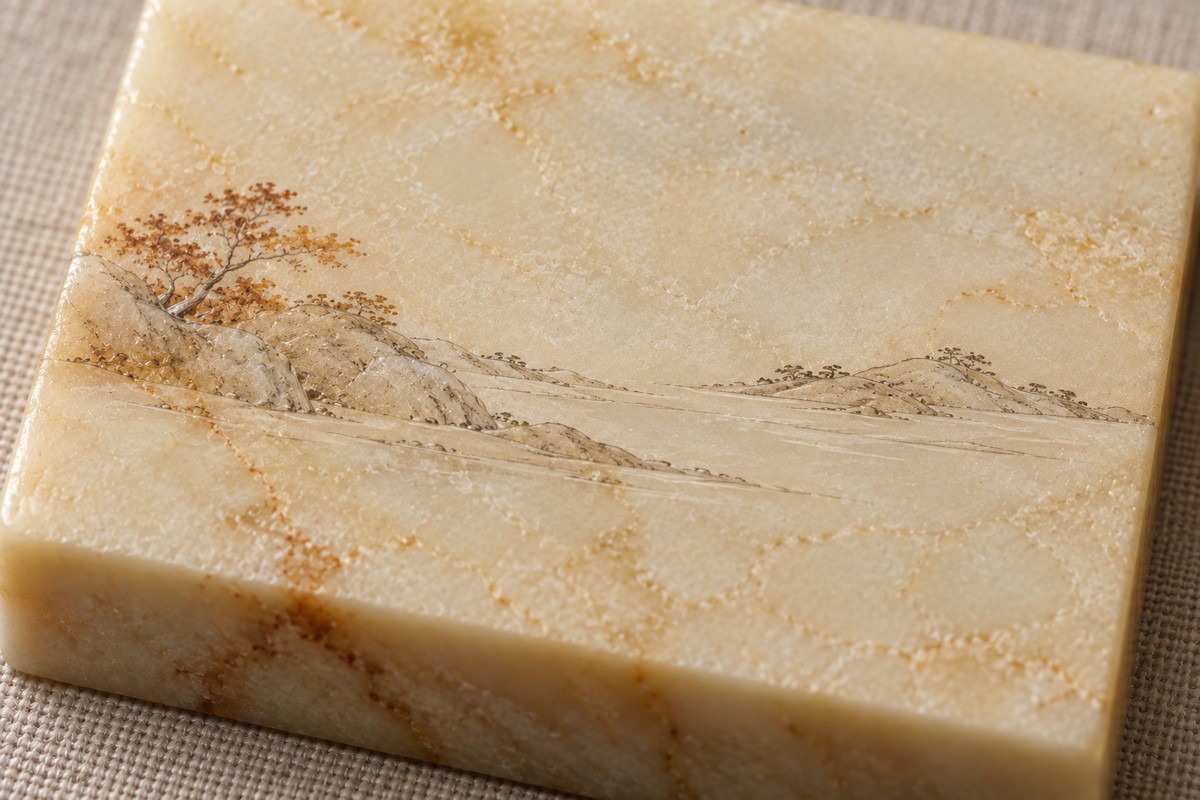 A muted russet patch forms autumn foliage on a pale stone landscape.
