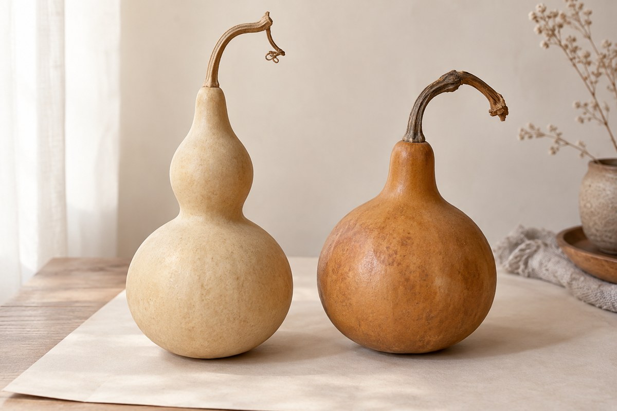 Two differently shaped dried gourds show pale straw and honey-brown shells.
