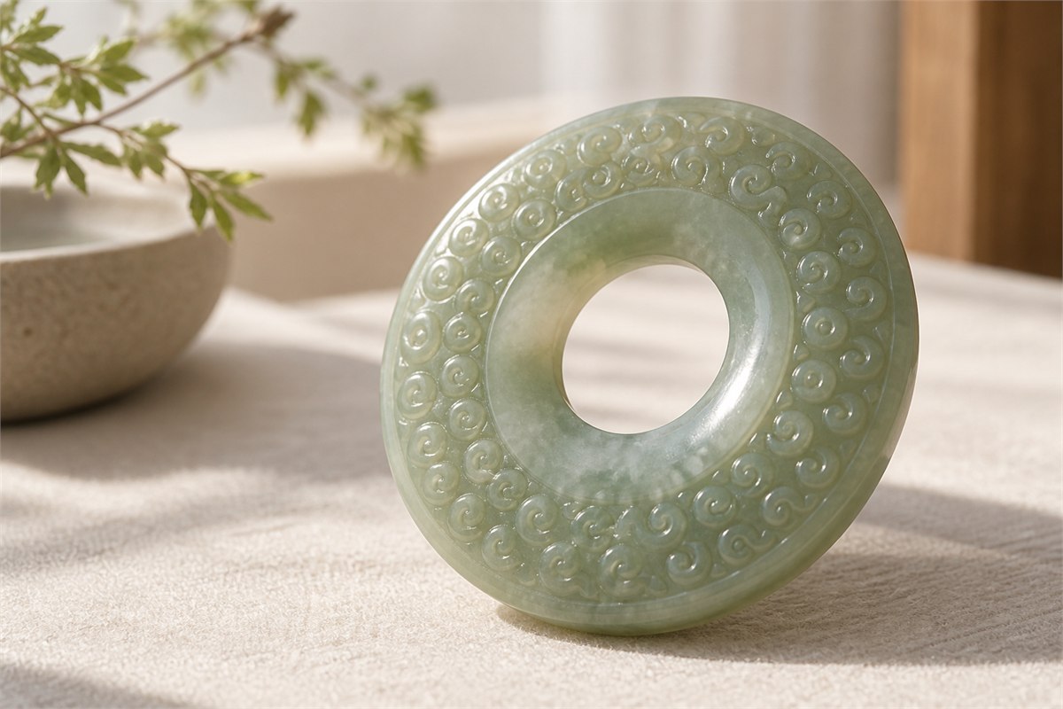A jade pendant has soft cloudy color within the stone and crisp carved grain curls on its surface.