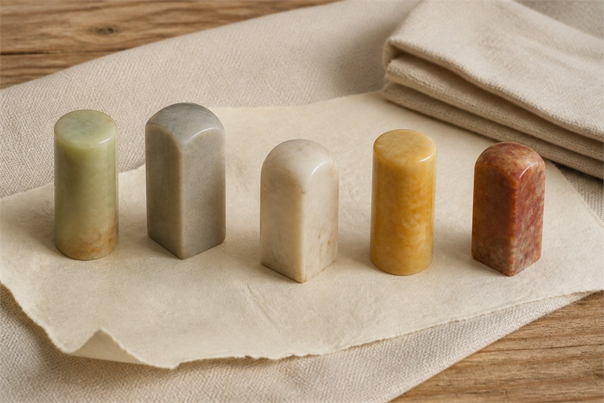 Five uncarved seal stones in varied natural colors arranged on neutral cloth