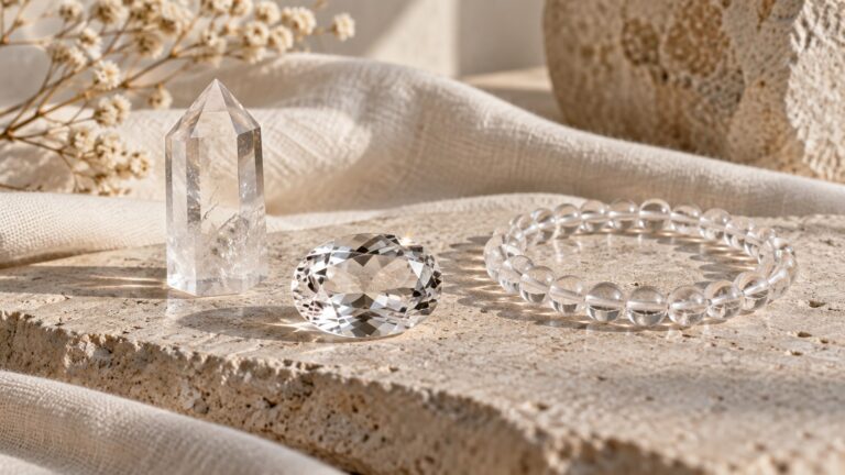 Quartz crystal, faceted gem, and beads in soft natural light