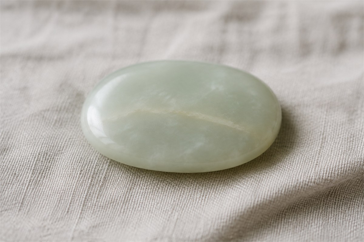 Cloudy white areas and a pale band within a softly green stone.
