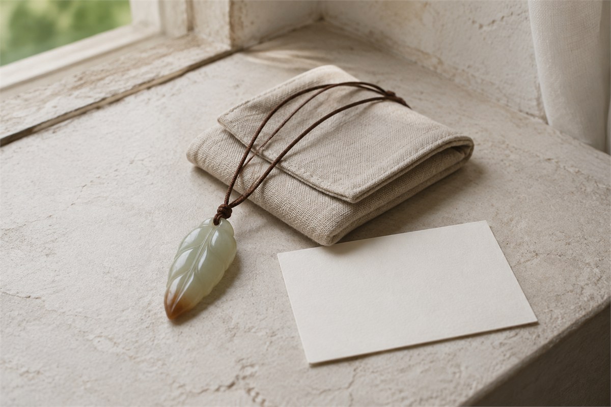 A pale leaf-shaped pendant beside a closed linen pouch and a blank note card.