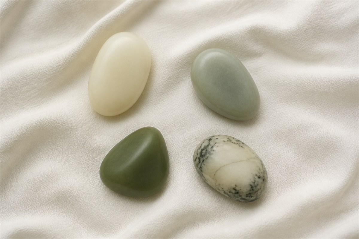 Four stones in ivory, gray-green, deeper green, and mottled dark and light tones.