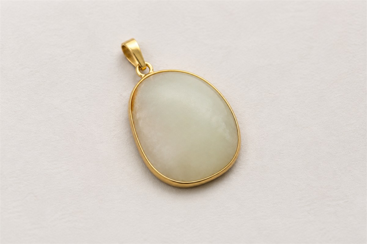 An oval pale stone held in a thin gold bezel with a closed bail.