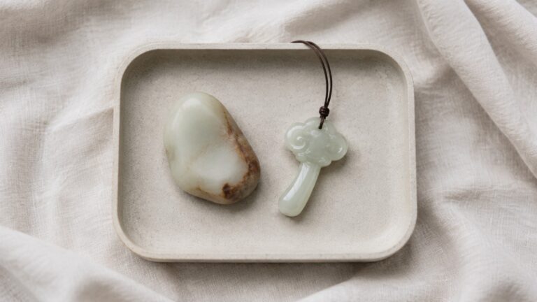 A pale pebble and a softly carved Ruyi pendant on a light ceramic tray.