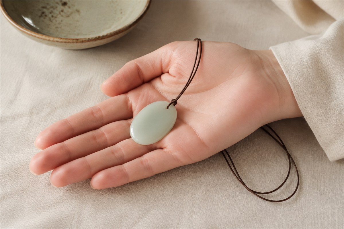 A hand supporting a pale stone pendant above a linen-covered table.