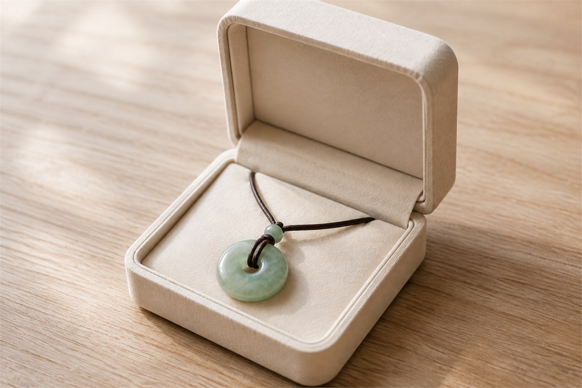 A jade pendant resting alone in an open cream-lined box.
