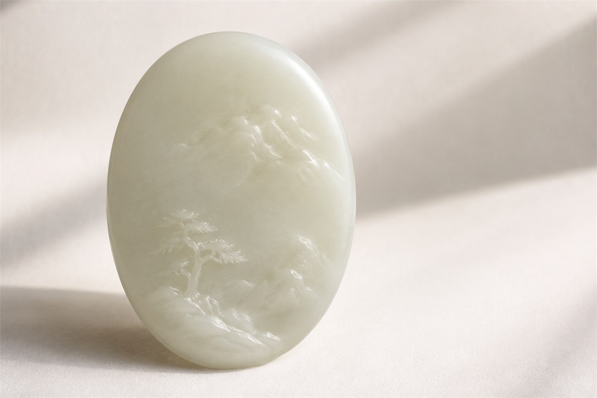 A pale oval carving with low relief ridges and a small tree.