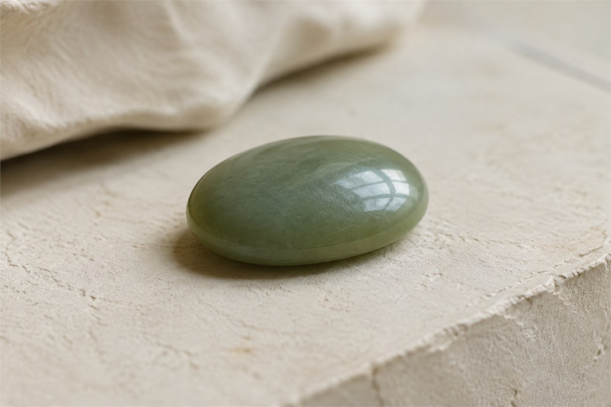 A pale green polished oval stone with a broad soft reflection.