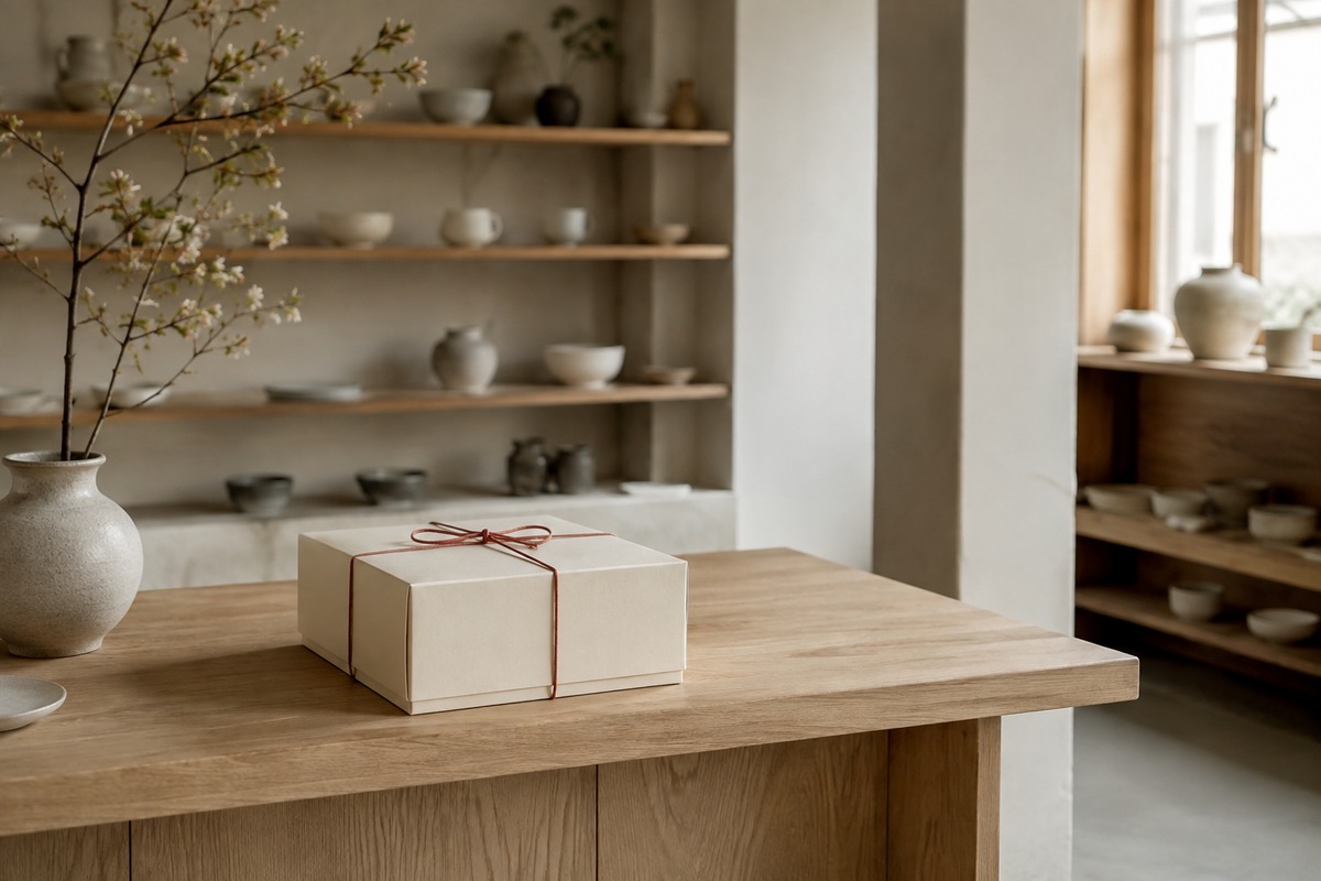 An ivory gift box with red cord rests on a quiet studio reception counter.
