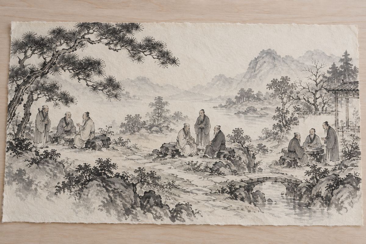 Nine robed elders gather in three groups beneath trees in an ink-wash garden study.