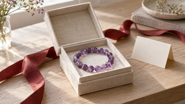 Amethyst bracelet in an open cream gift box beside a red ribbon and blank card.