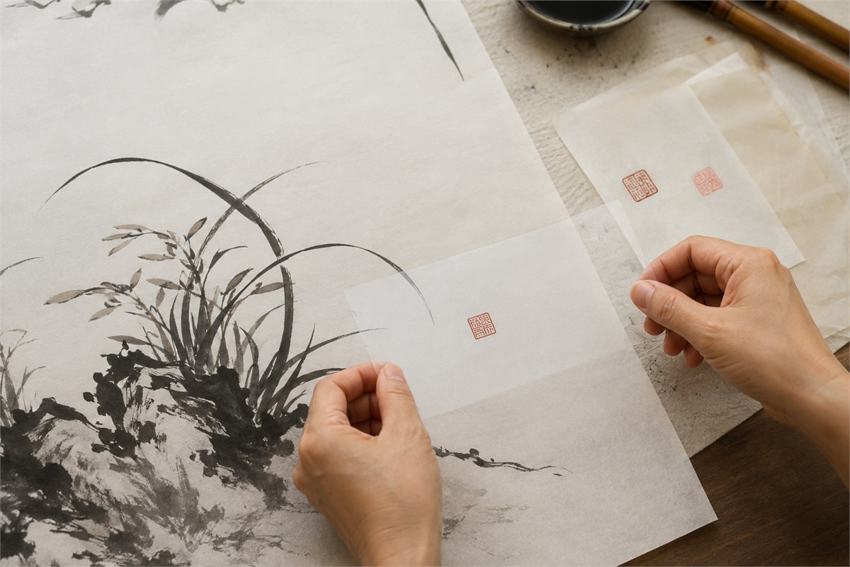 Hands holding a transparent seal-impression overlay above an ink painting without adhesive contact