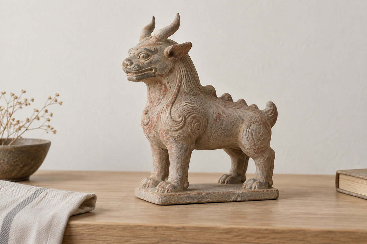 Compact standing earthenware guardian with a horned animal head
