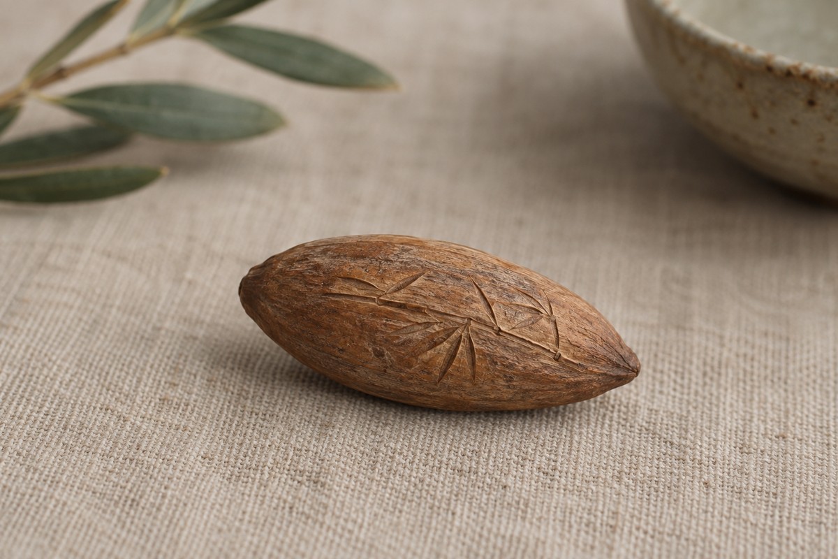 A warm brown olive pit carries a shallow branch design.