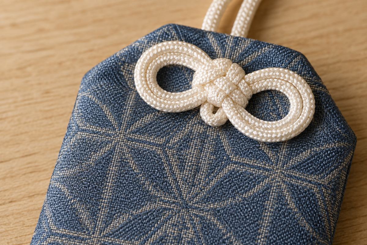 Close view of a muted blue brocade pouch with a tied braided cord