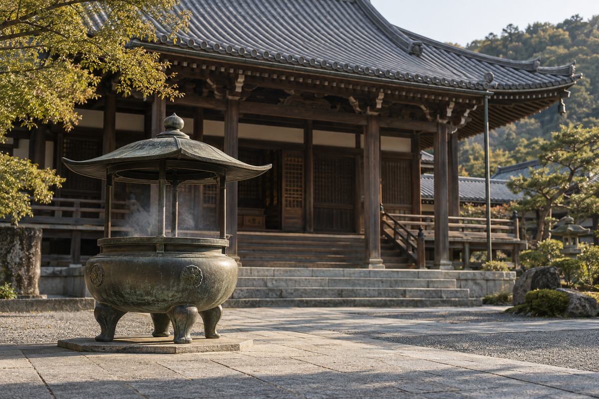 Timber Buddhist temple hall with a tiled roof and an incense burner
