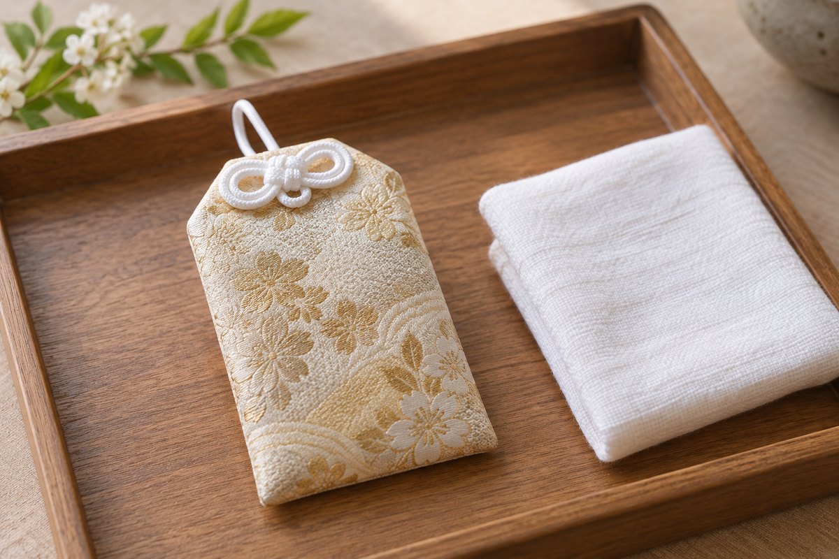 Closed woven pouch beside a folded dry cotton cloth