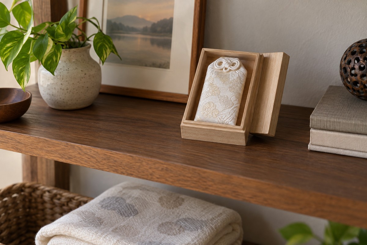 Cream woven pouch in an open wooden keepsake box on a shelf