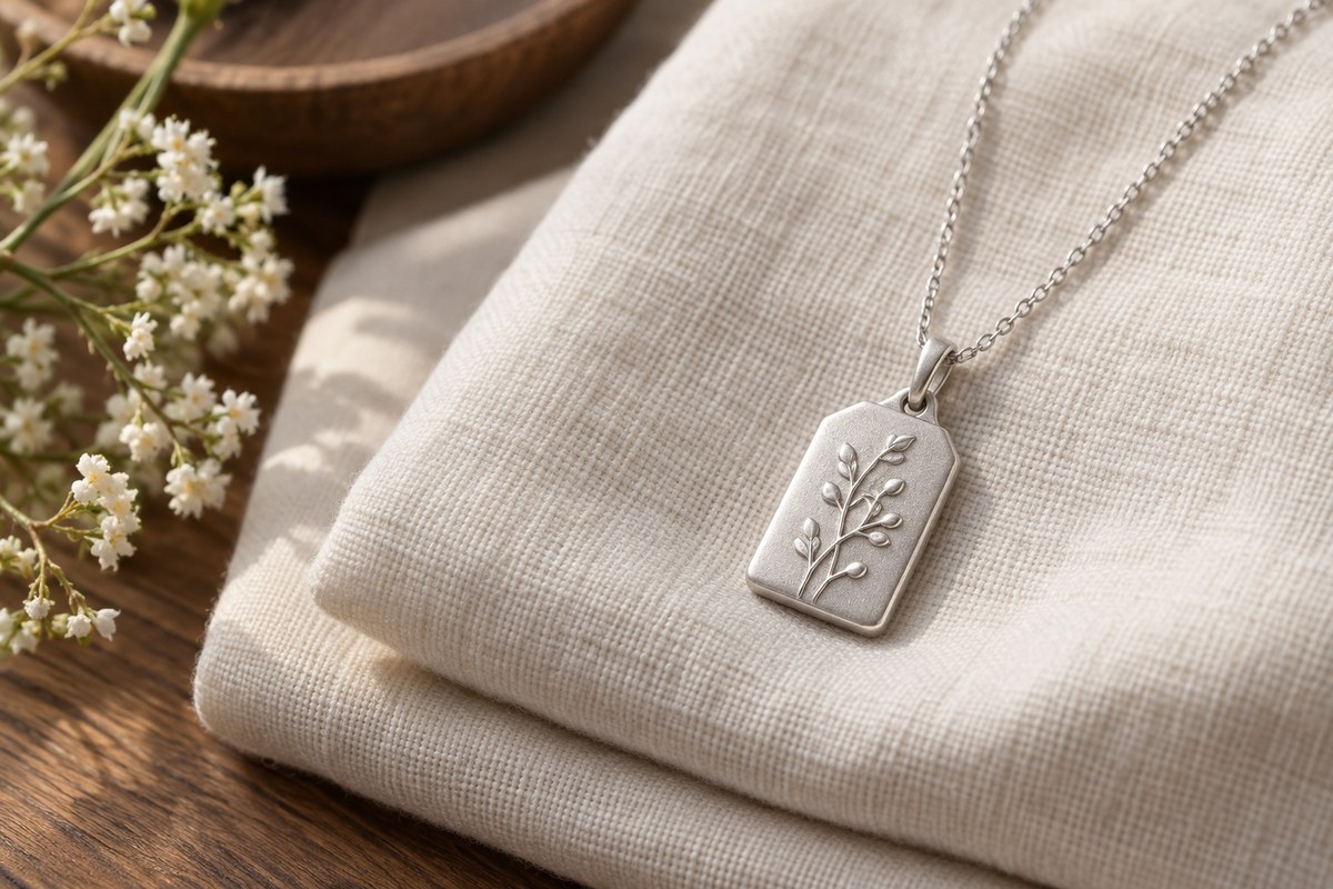 Small pouch-shaped metal pendant on a chain over linen
