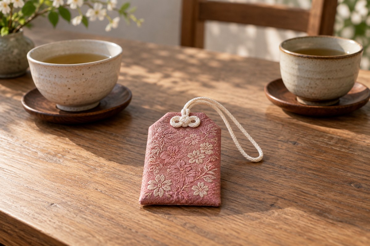 Rose-colored woven pouch beside two ceramic cups