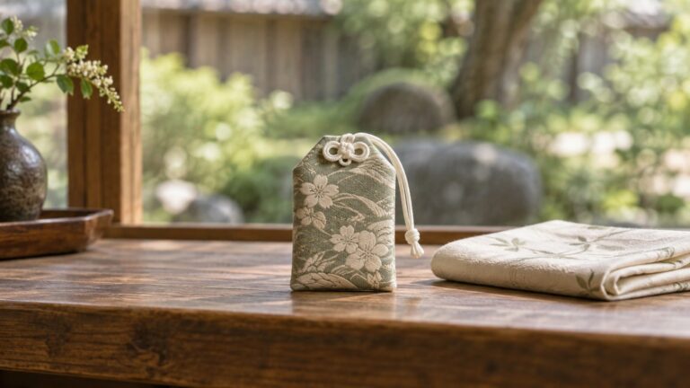 Sage woven amulet pouch beside a folded cloth wrap on a wooden bench