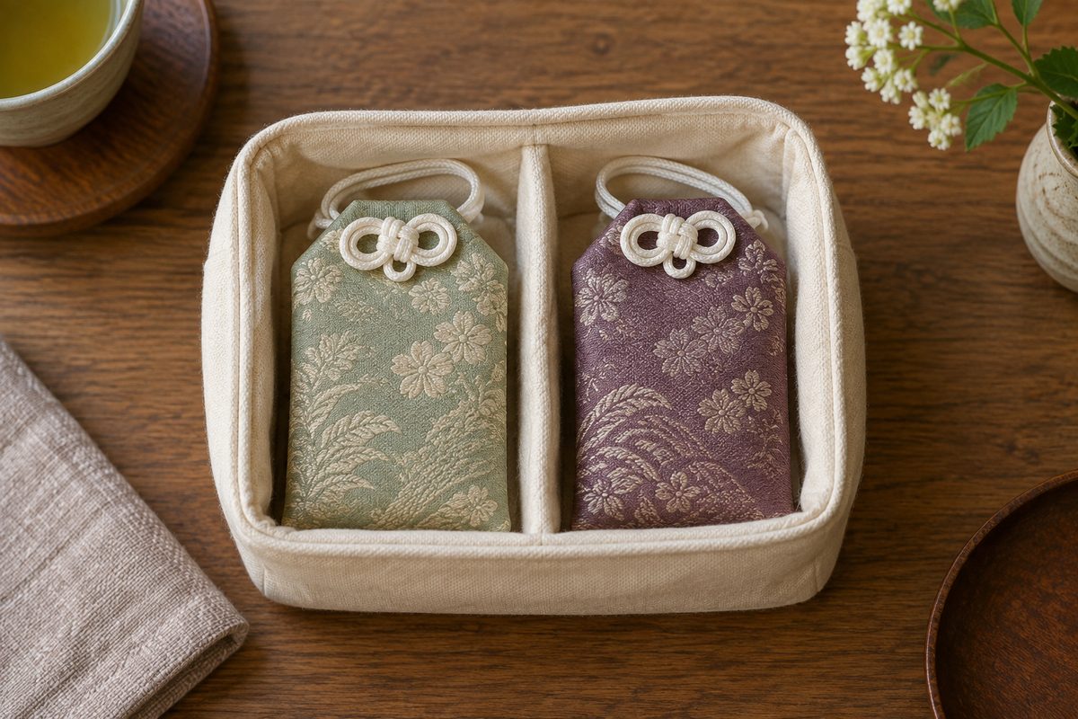Two differently patterned pouches in separate fabric compartments