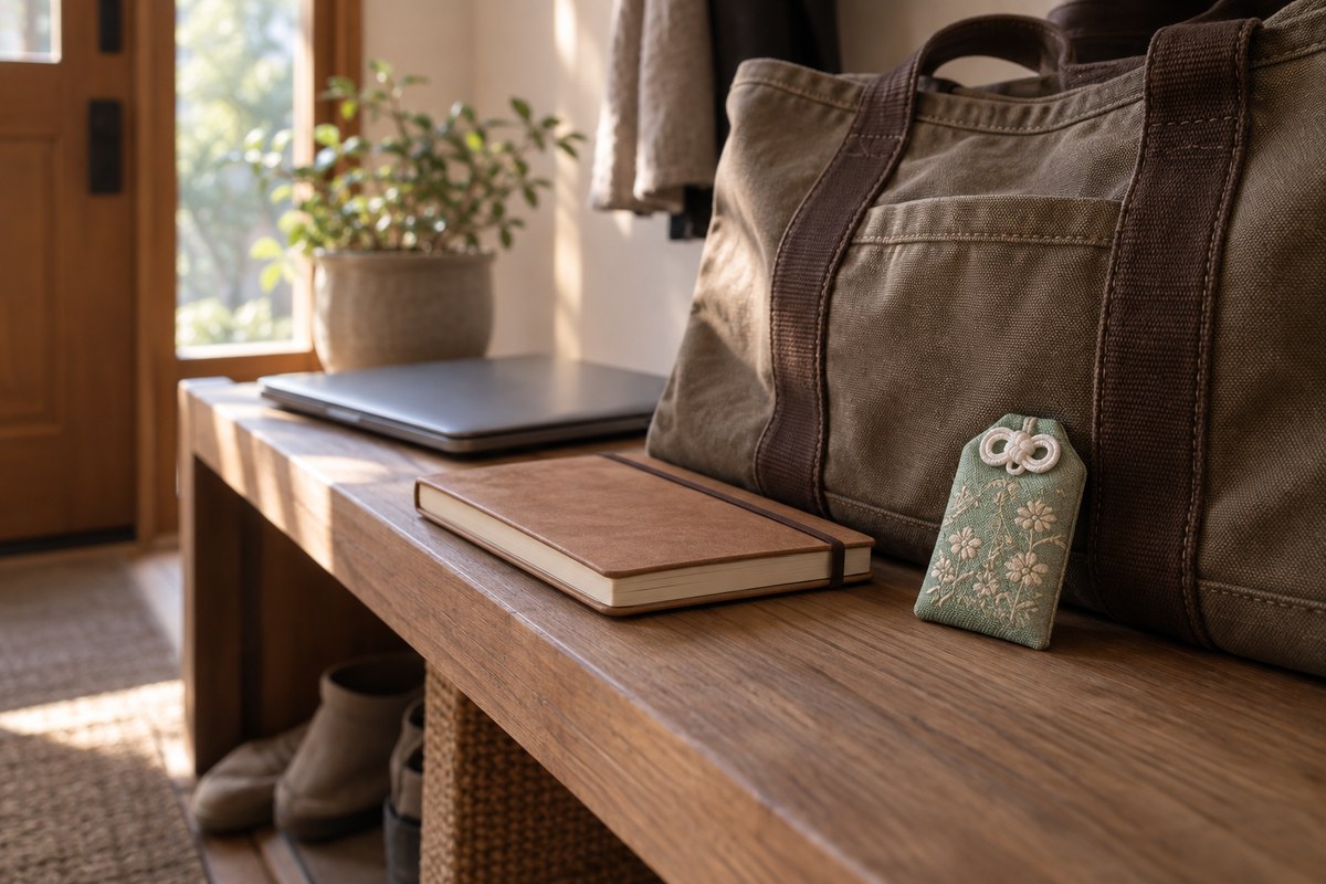 Sage woven pouch beside a closed work notebook and canvas bag