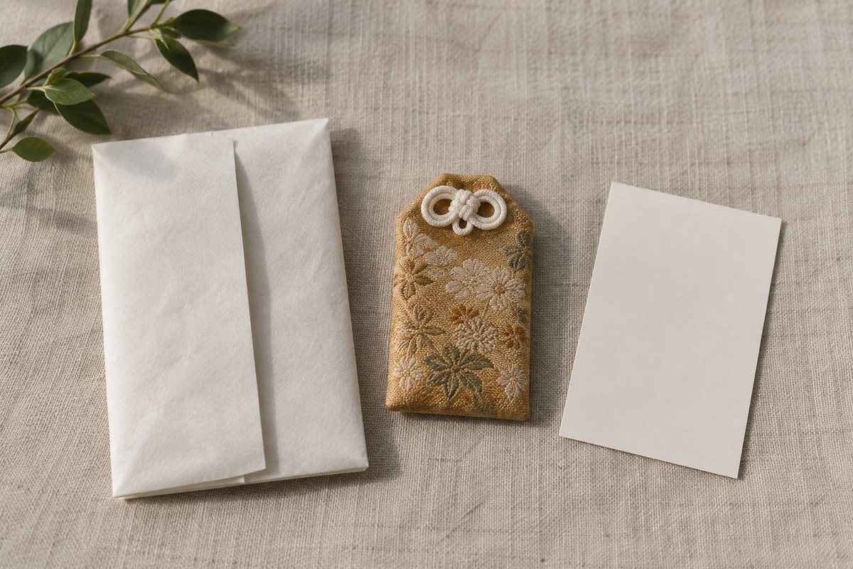 Ochre woven pouch beside folded paper wrapping and a blank card