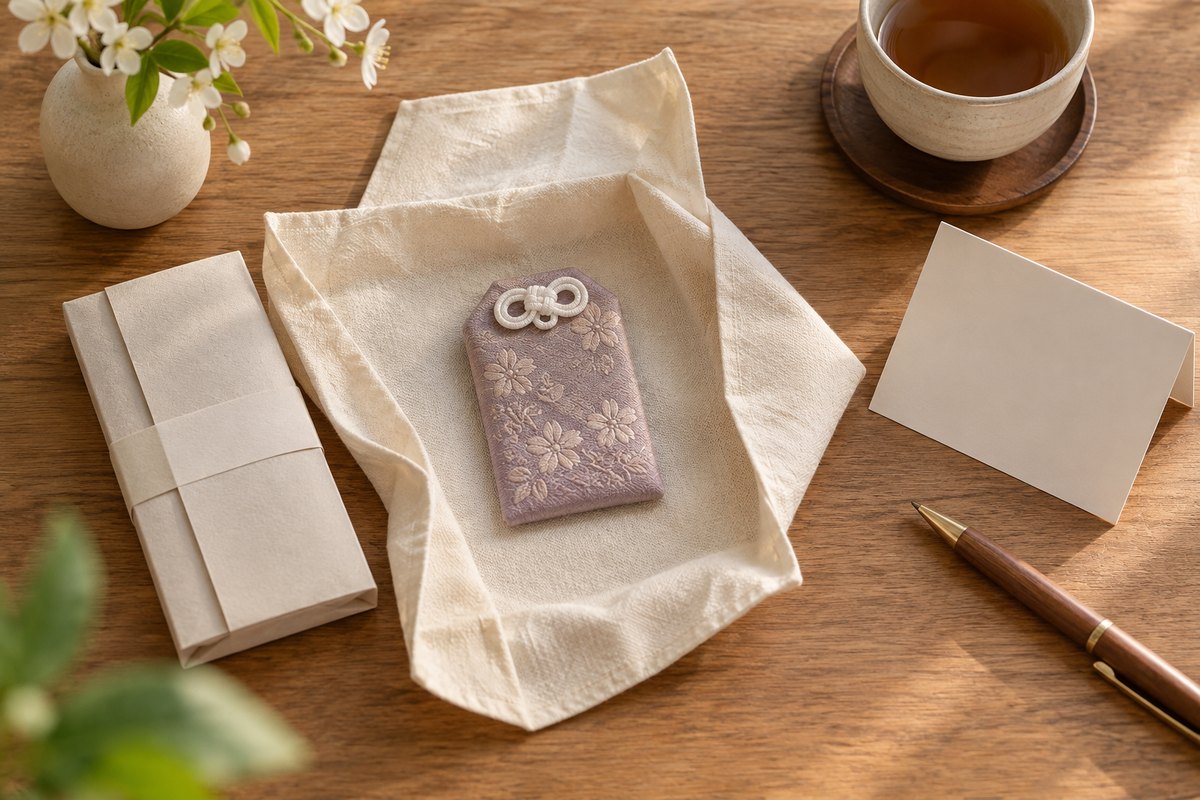Woven pouch on an open cloth wrap beside a blank card and pen