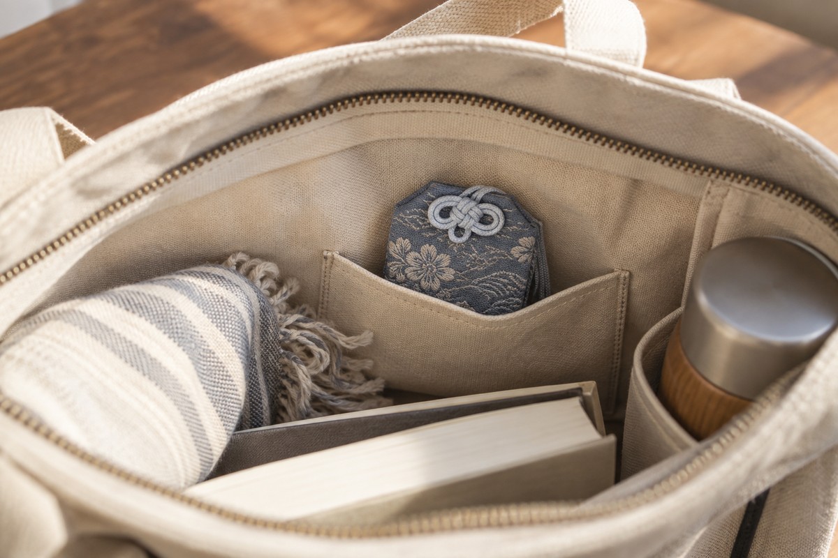 Small woven pouch inside a clean inner bag pocket