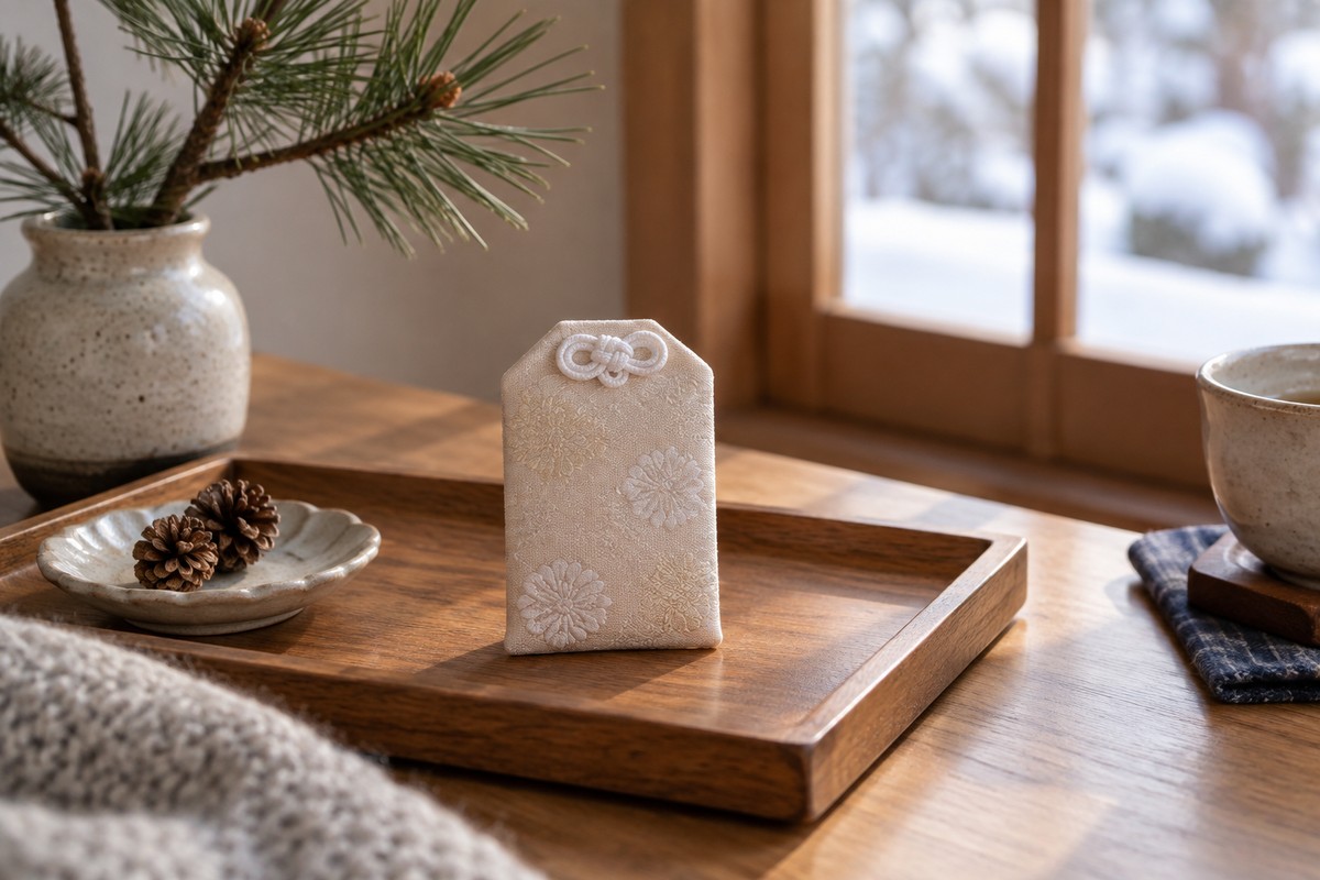 Pale woven pouch beside a simple pine arrangement