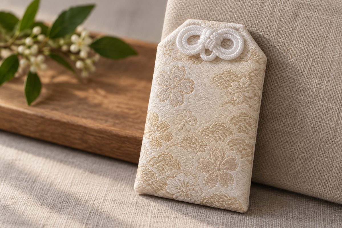 Closed cream brocade pouch with chamfered corners and a fixed cord knot