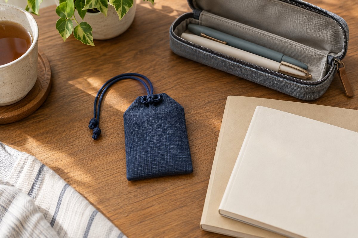 Small blue woven pouch beside closed notebooks and a pencil case