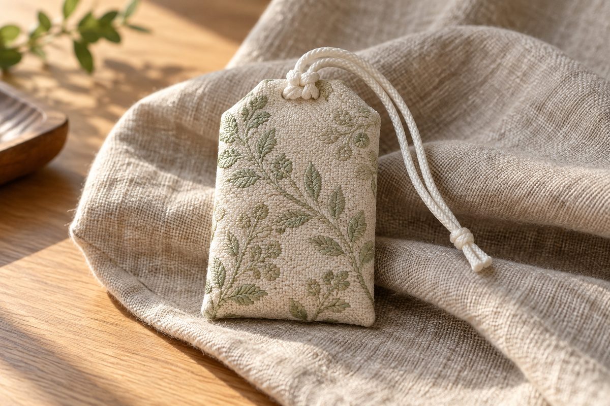Ivory and sage woven amulet pouch with a cream cord on linen