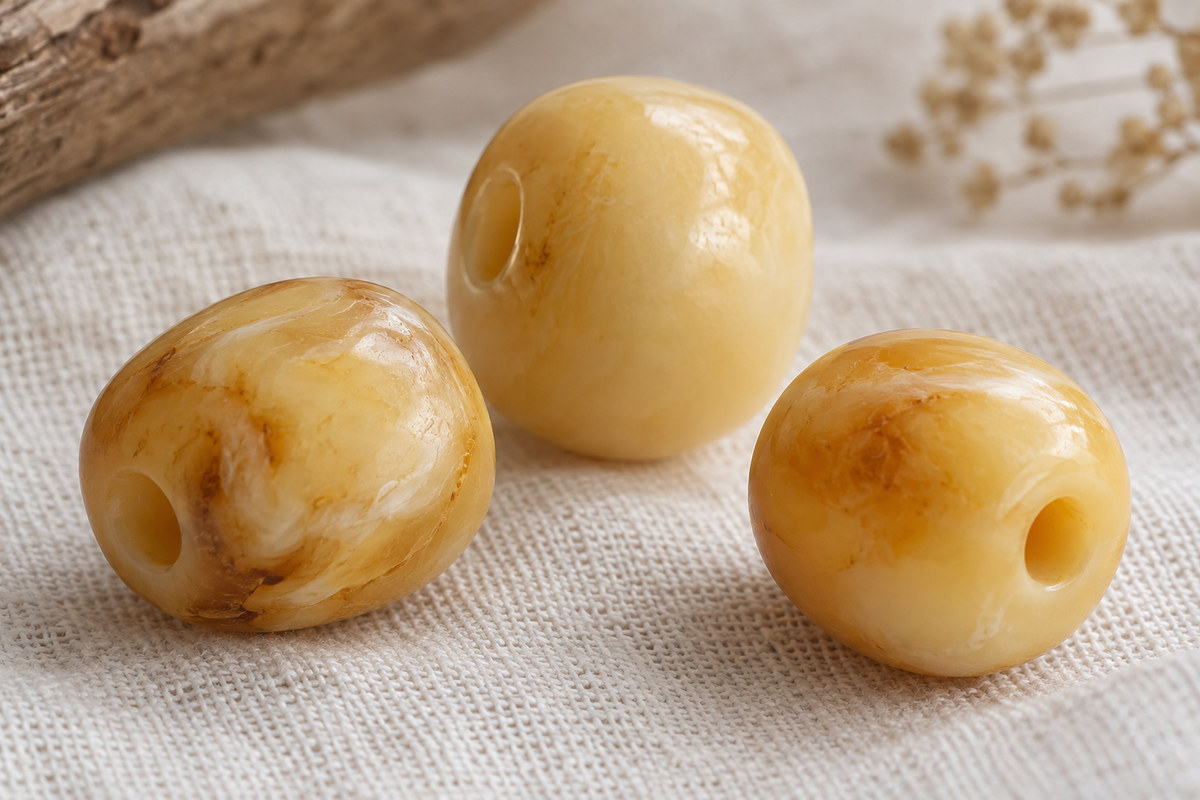 Three creamy amber beads on a pale woven cloth, with softly polished surfaces.