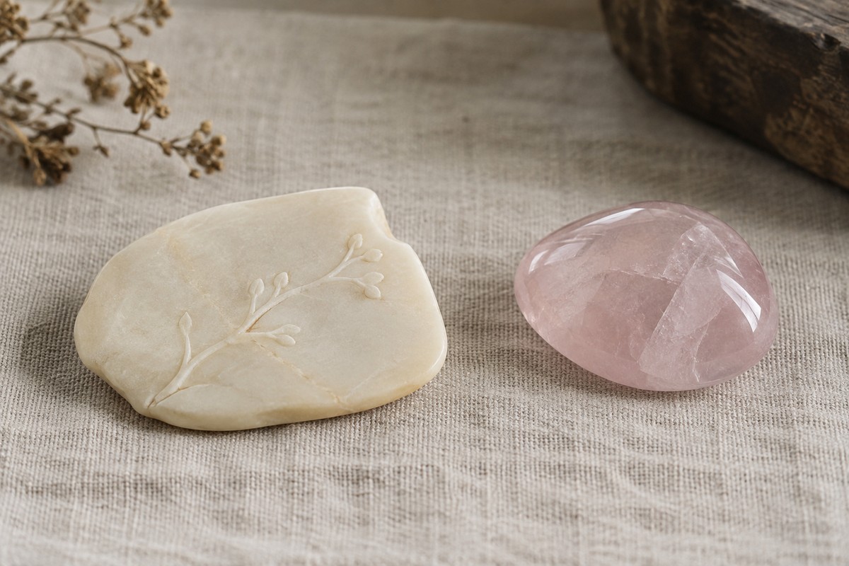 An opaque cream carving stone sits beside a translucent pink quartz piece.