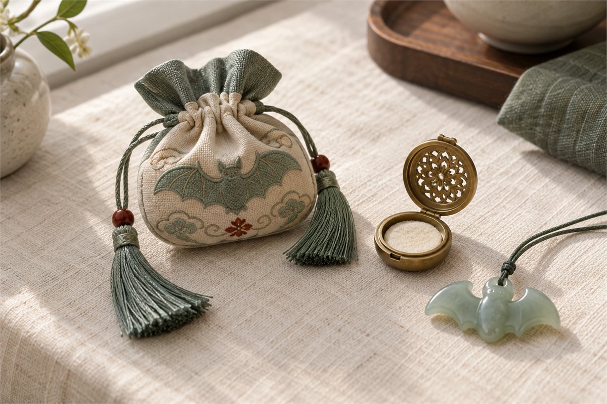 Embroidered cloth sachet beside an open brass-colored scent locket and a solid pale green bat pendant.
